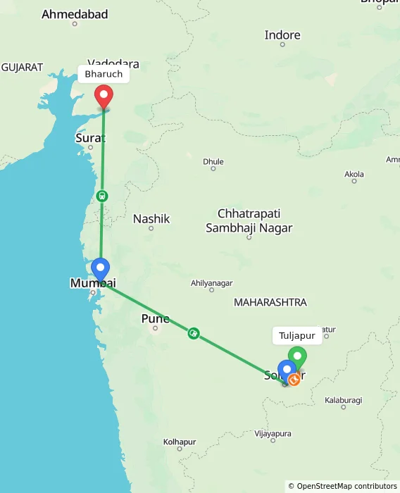 Route map showing distance and travel time from Tuljapur, India to Bharuch, India