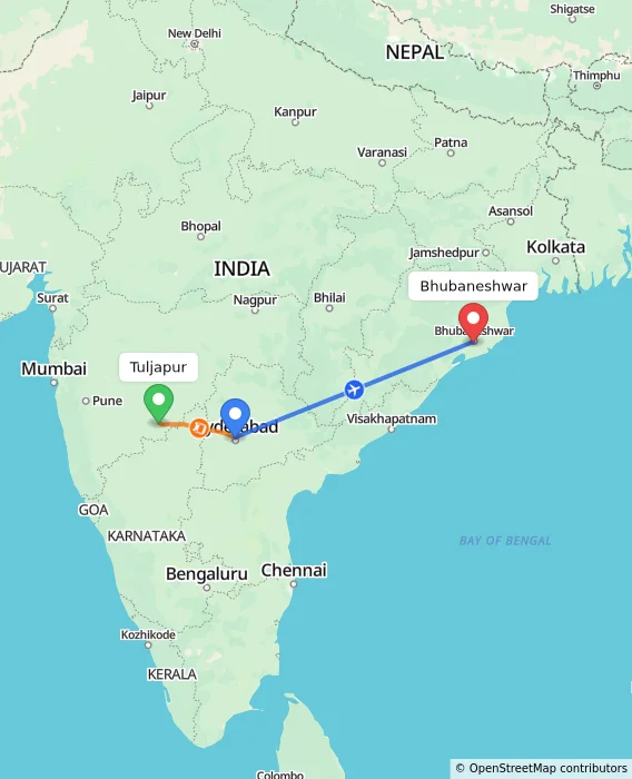 Route map showing distance and travel time from Tuljapur, India to Bhubaneshwar, India