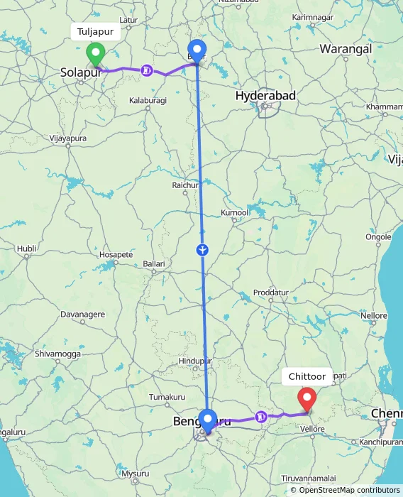 Route map showing distance and travel time from Tuljapur, India to Chittoor, India