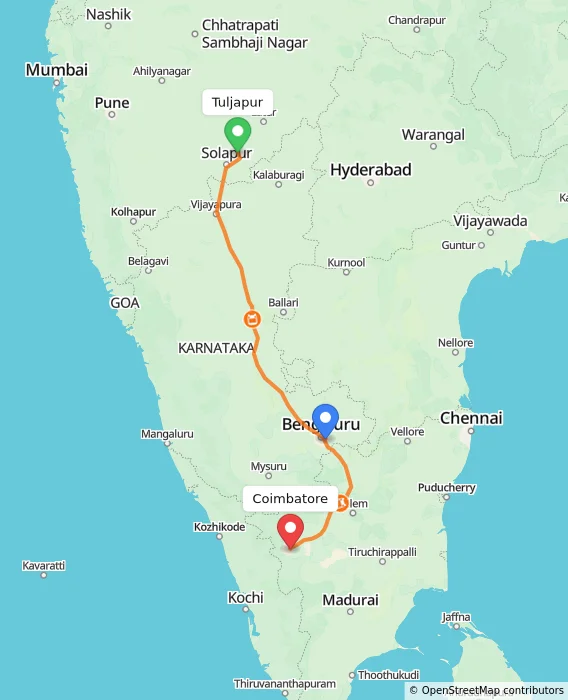 Route map showing distance and travel time from Tuljapur, India to Coimbatore, India