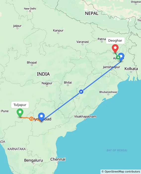 Route map showing distance and travel time from Tuljapur, India to Deoghar, India
