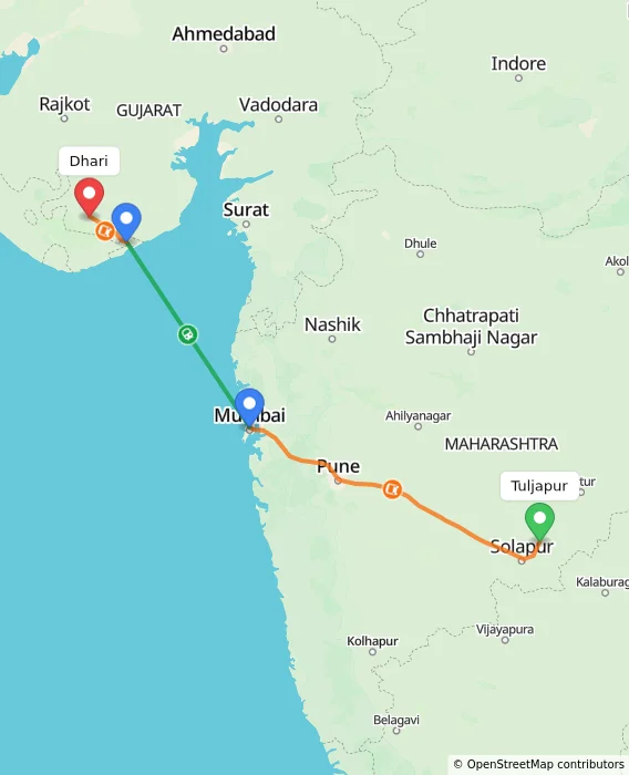 Route map showing distance and travel time from Tuljapur, India to Dhari, India