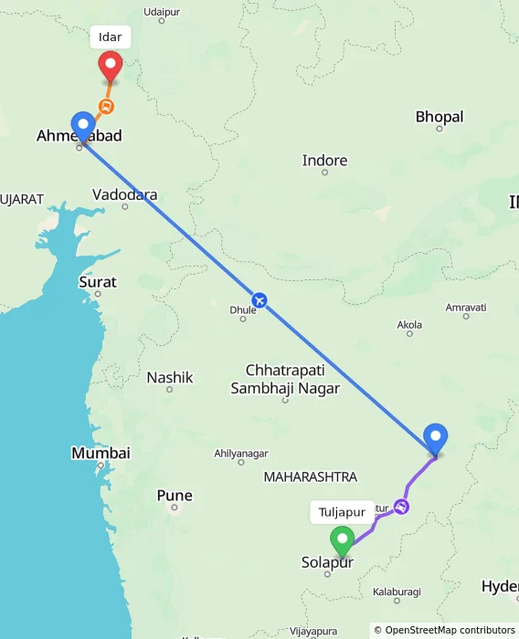 Route map showing distance and travel time from Tuljapur, India to Idar, India