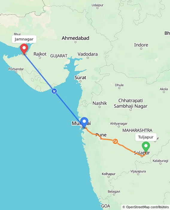 Route map showing distance and travel time from Tuljapur, India to Jamnagar, India