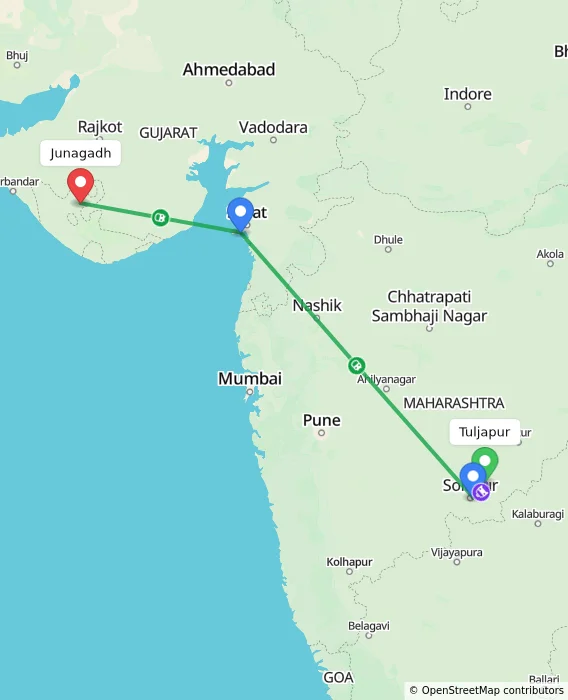 Route map showing distance and travel time from Tuljapur, India to Junagadh, India