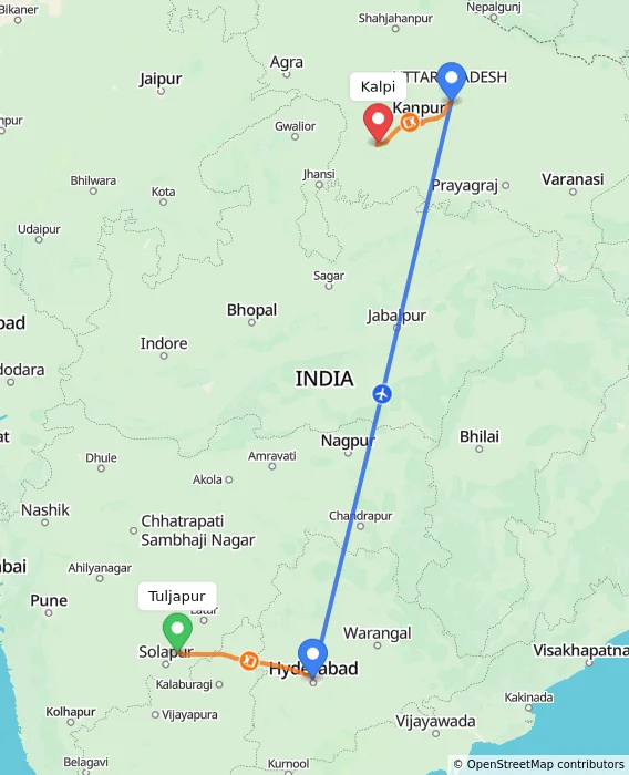 Route map showing distance and travel time from Tuljapur, India to Kalpi, India
