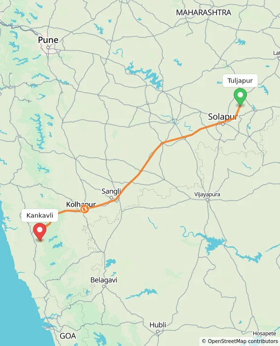 Route map showing distance and travel time from Tuljapur, India to Kankavli, India