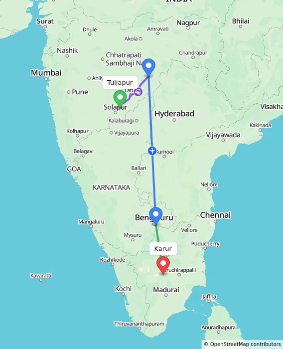 Route map showing distance and travel time from Tuljapur, India to Karur, India