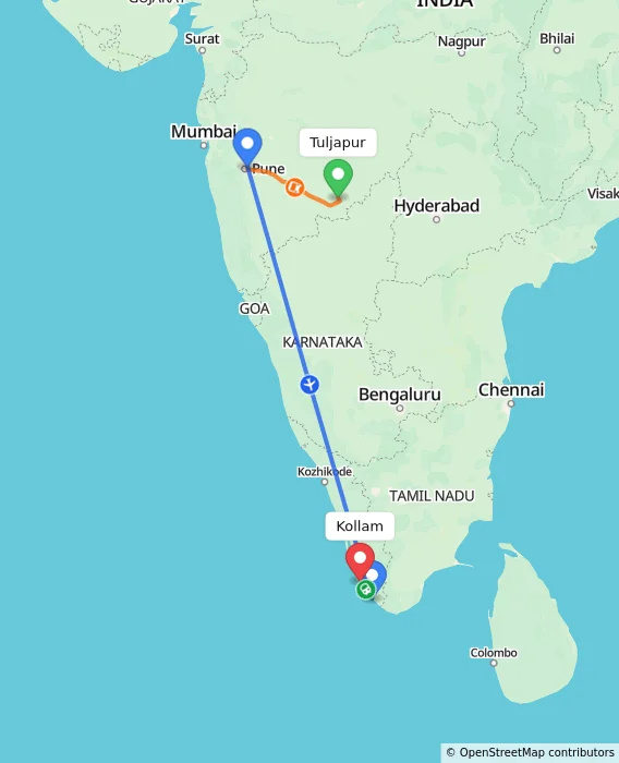 Route map showing distance and travel time from Tuljapur, India to Kollam, India