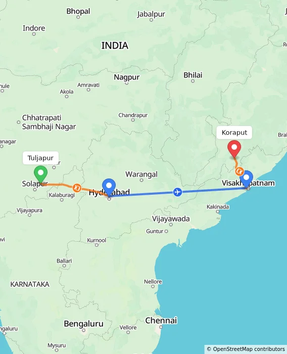 Route map showing distance and travel time from Tuljapur, India to Koraput, India