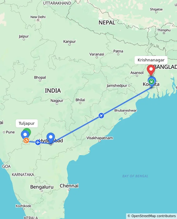 Route map showing distance and travel time from Tuljapur, India to Krishnanagar, India