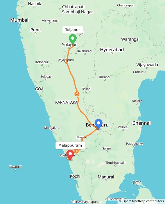 Route map showing distance and travel time from Tuljapur, India to Malappuram, India