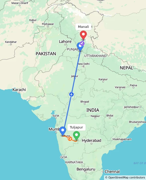 Route map showing distance and travel time from Tuljapur, India to Manali, India