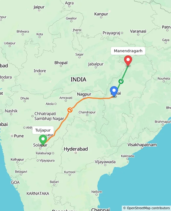 Route map showing distance and travel time from Tuljapur, India to Manendragarh, India