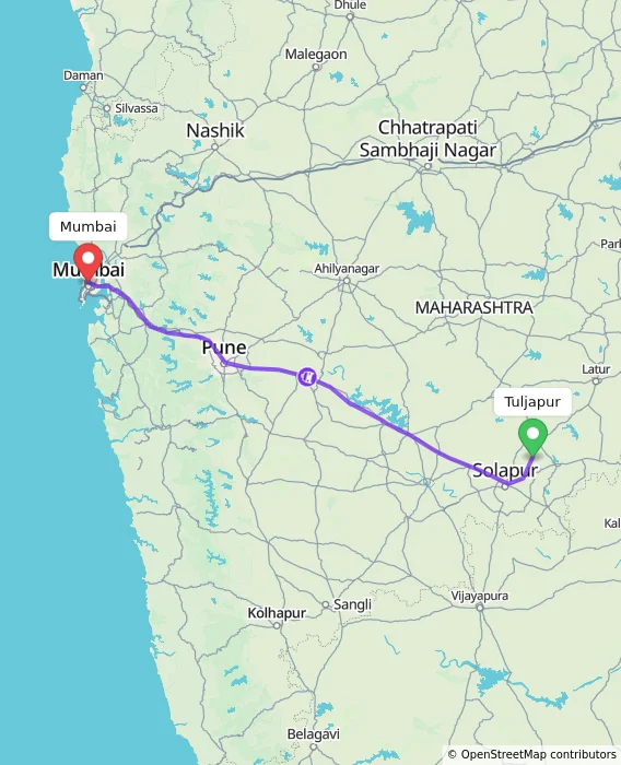 Route map showing distance and travel time from Tuljapur, India to Mumbai, India