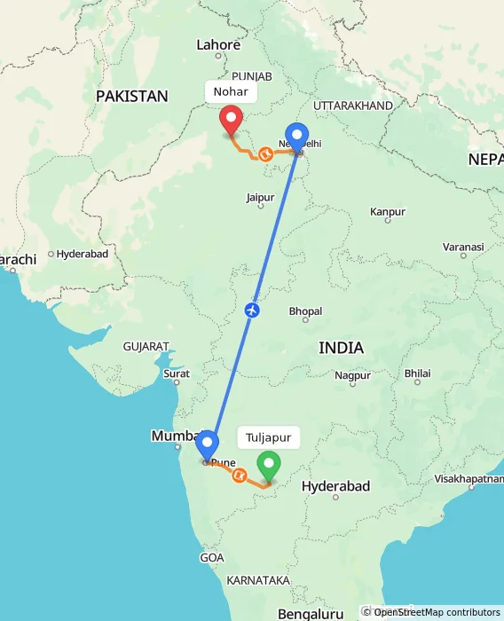 Route map showing distance and travel time from Tuljapur, India to Nohar, India
