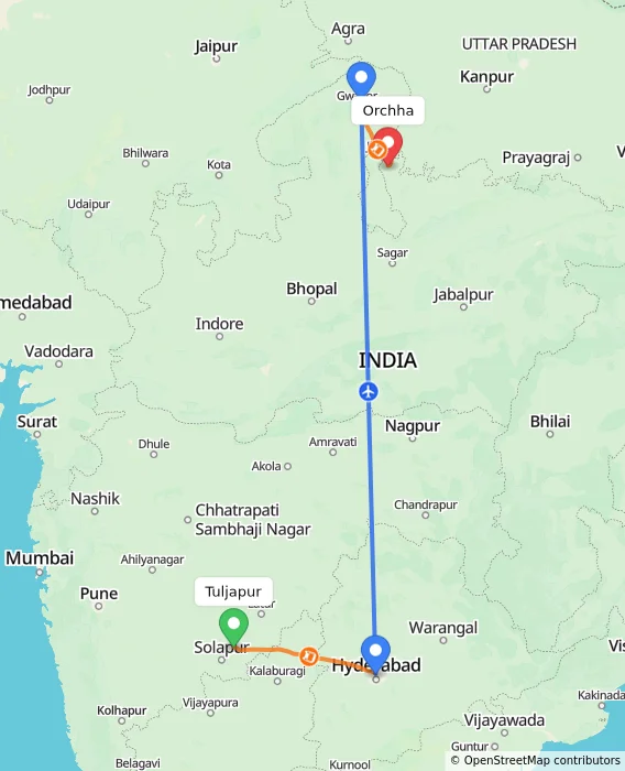 Route map showing distance and travel time from Tuljapur, India to Orchha, India