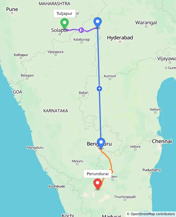 Route map showing distance and travel time from Tuljapur, India to Perundurai, India
