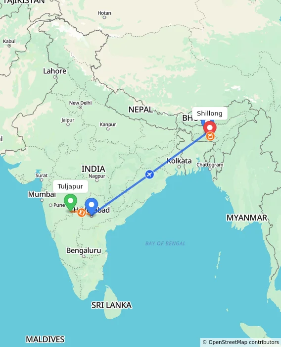 Route map showing distance and travel time from Tuljapur, India to Shillong, India