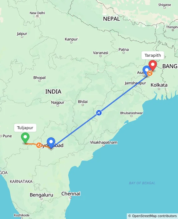 Route map showing distance and travel time from Tuljapur, India to Tarapith, India