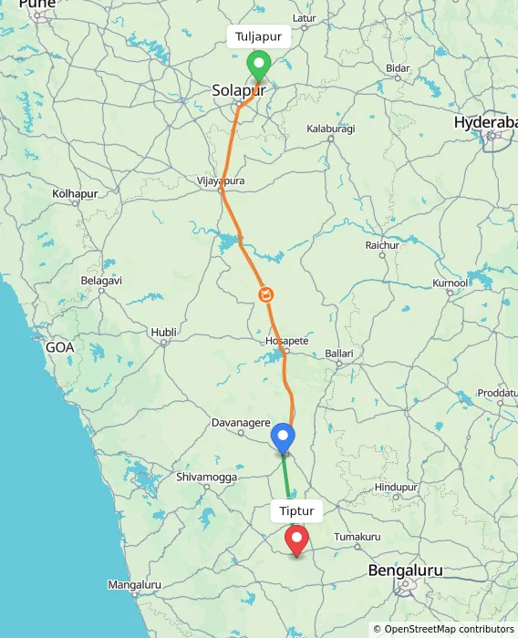 Route map showing distance and travel time from Tuljapur, India to Tiptur, India