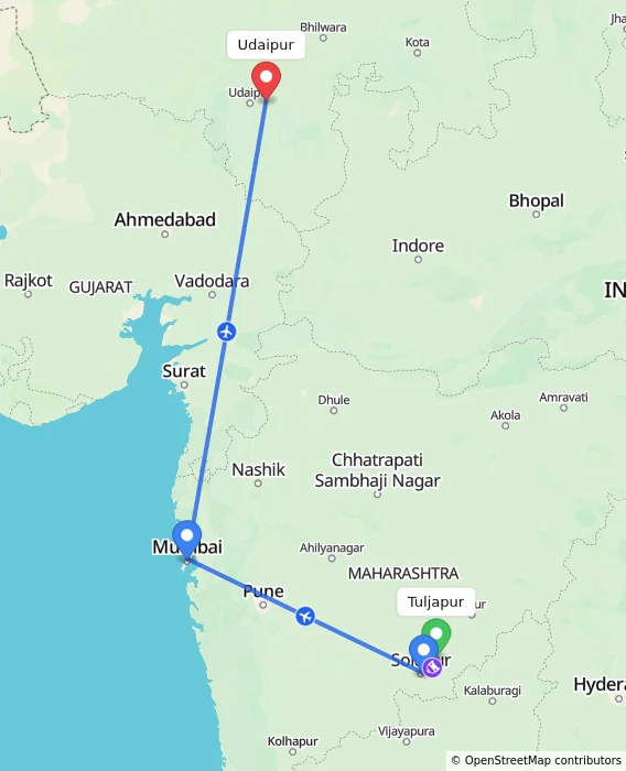 Route map showing distance and travel time from Tuljapur, India to Udaipur, India