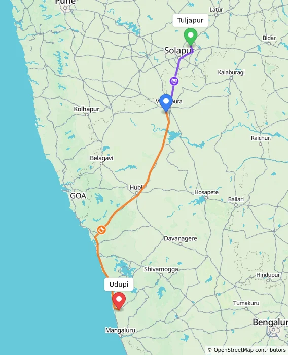 Route map showing distance and travel time from Tuljapur, India to Udupi, India