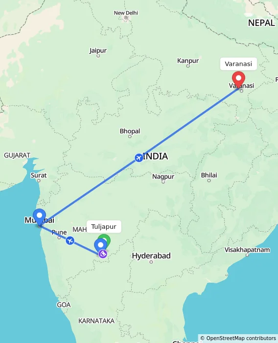 Route map showing distance and travel time from Tuljapur, India to Varanasi, India