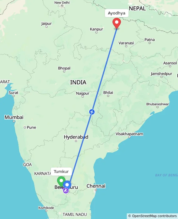 Route map showing distance and travel time from Tumkur, India to Ayodhya, India