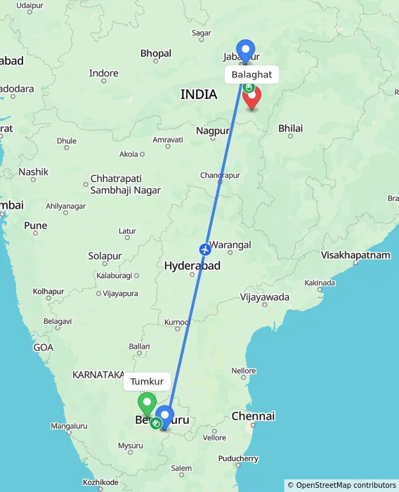Route map showing distance and travel time from Tumkur, India to Balaghat, India