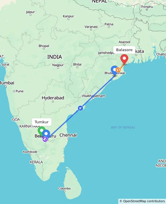 Route map showing distance and travel time from Tumkur, India to Balasore, India