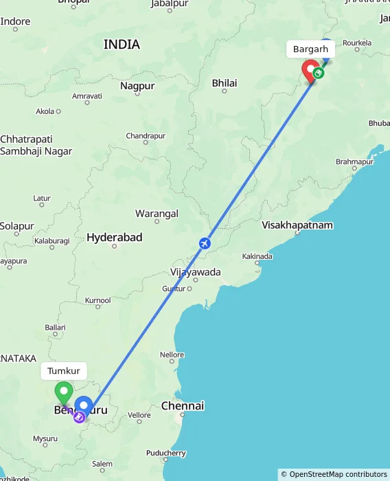 Route map showing distance and travel time from Tumkur, India to Bargarh, India