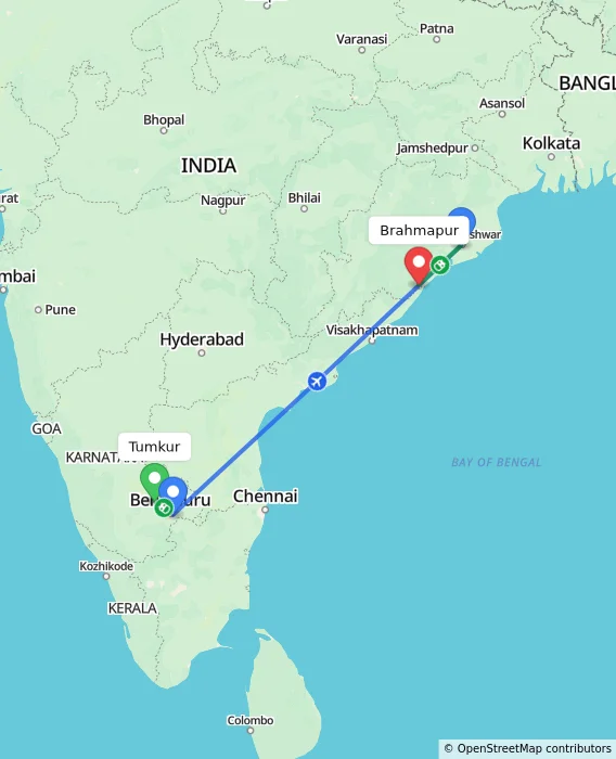 Route map showing distance and travel time from Tumkur, India to Brahmapur, India
