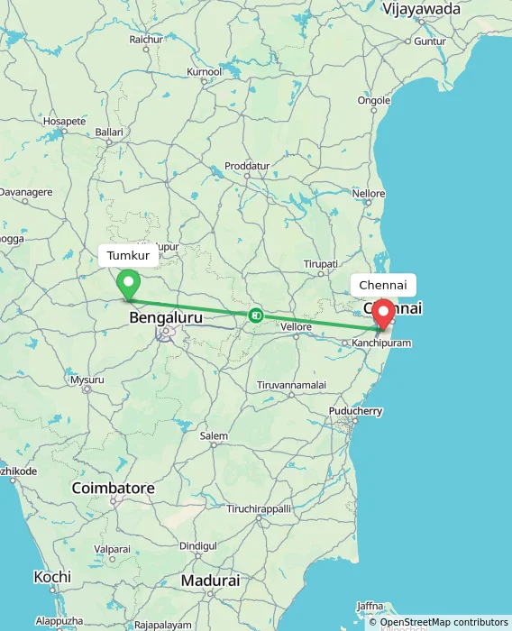 Route map showing distance and travel time from Tumkur, India to Chennai, India