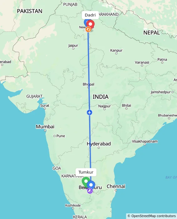 Route map showing distance and travel time from Tumkur, India to Dadri, India