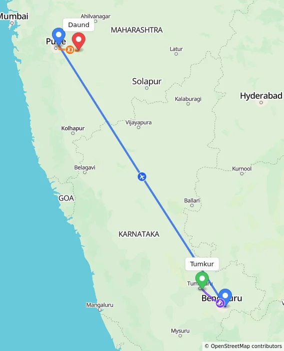 Route map showing distance and travel time from Tumkur, India to Daund, India