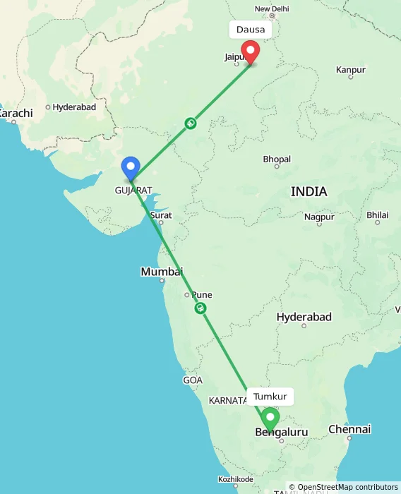 Route map showing distance and travel time from Tumkur, India to Dausa, India