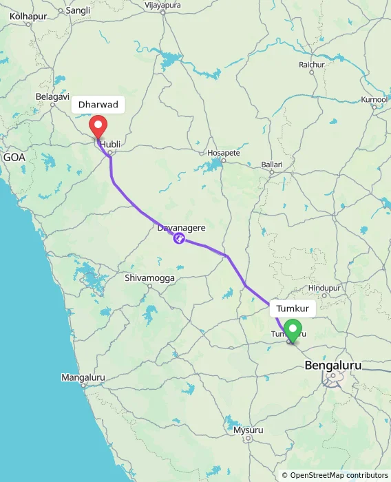 Route map showing distance and travel time from Tumkur, India to Dharwad, India