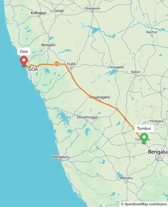Route map showing distance and travel time from Tumkur, India to Goa, India