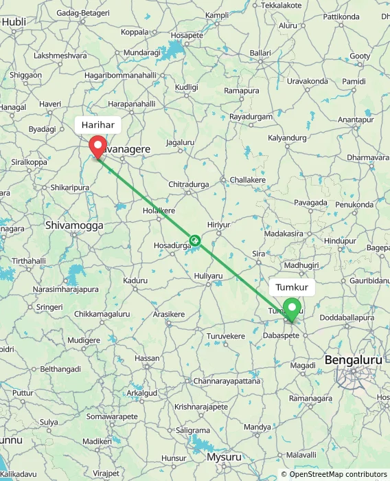 Route map showing distance and travel time from Tumkur, India to Harihar, India
