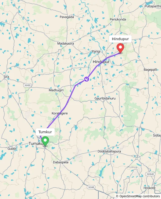 Route map showing distance and travel time from Tumkur, India to Hindupur, India