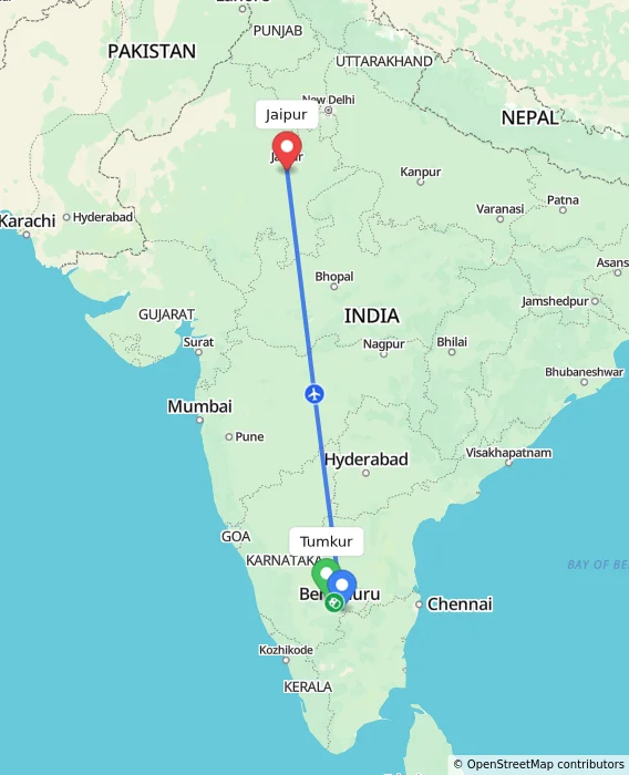 Route map showing distance and travel time from Tumkur, India to Jaipur, India