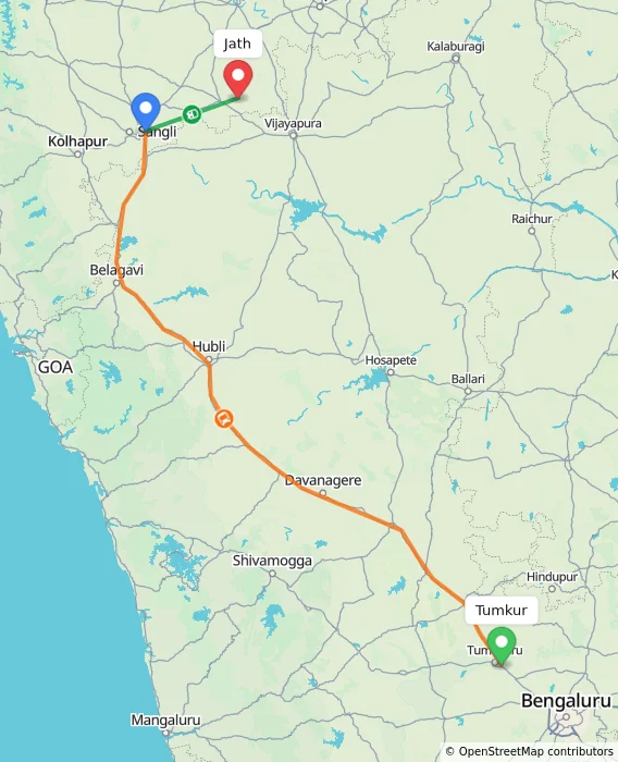 Route map showing distance and travel time from Tumkur, India to Jath, India