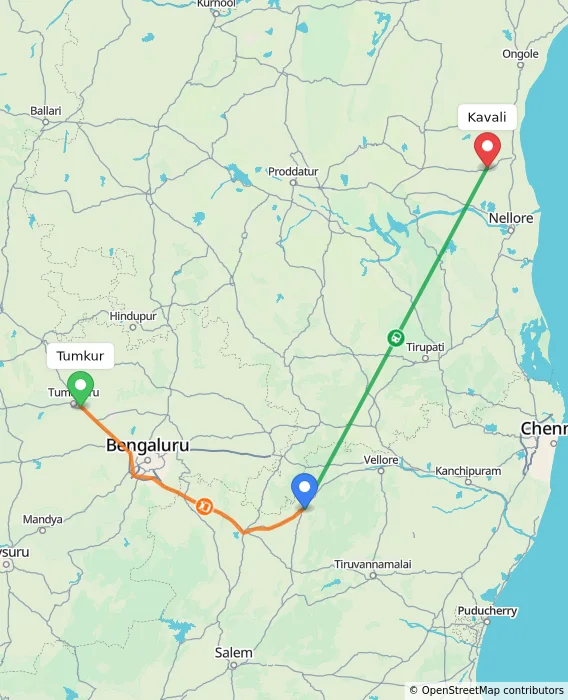 Route map showing distance and travel time from Tumkur, India to Kavali, India