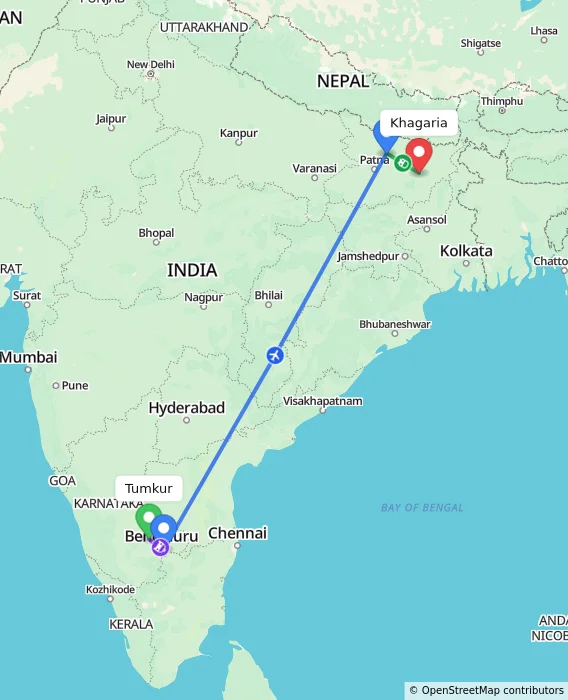 Route map showing distance and travel time from Tumkur, India to Khagaria, India