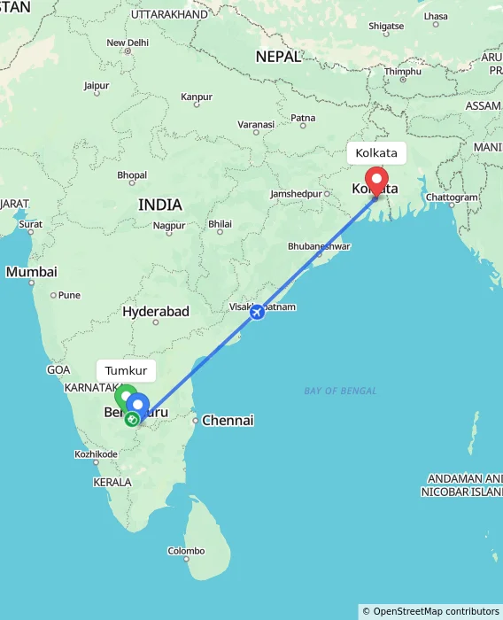Route map showing distance and travel time from Tumkur, India to Kolkata, India