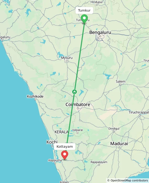 Route map showing distance and travel time from Tumkur, India to Kottayam, India