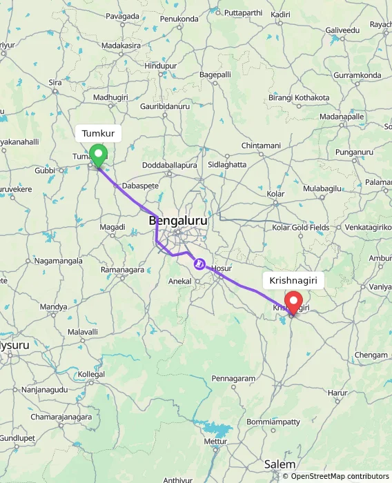 Route map showing distance and travel time from Tumkur, India to Krishnagiri, India