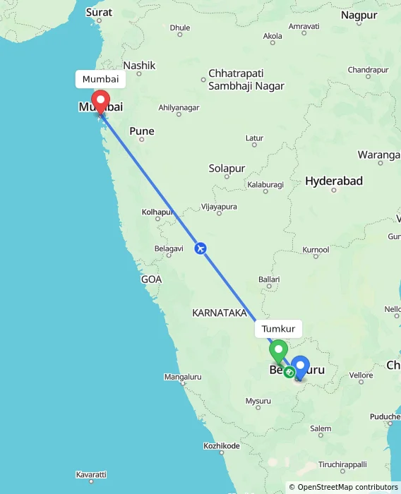 Route map showing distance and travel time from Tumkur, India to Mumbai, India