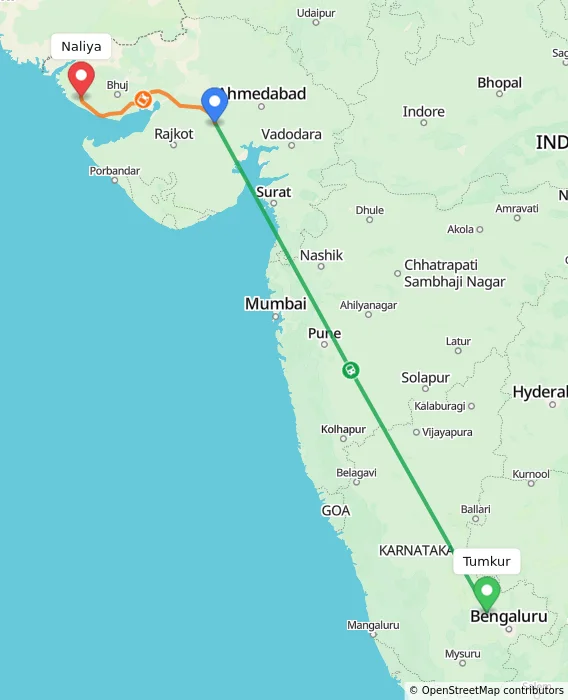 Route map showing distance and travel time from Tumkur, India to Naliya, India
